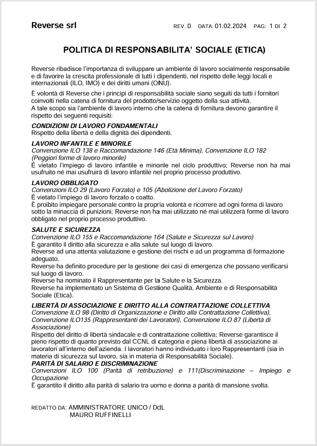 POLITICA DI RESPONSABILITA' SOCIALE